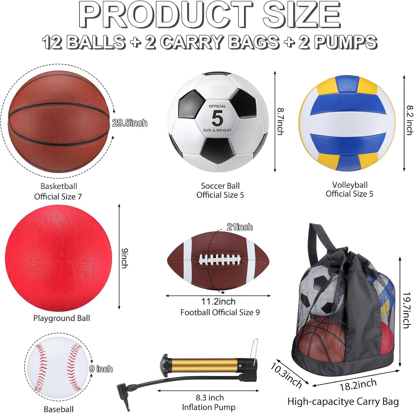 Ultimate 12-Piece Sports Ball Set with Bag & Pump - Perfect for Kids, Youth & Adults - Includes Basketball, Football, Volleyball, Soccer Ball, Baseball & More!