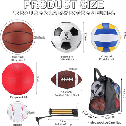 Ultimate 12-Piece Sports Ball Set with Bag & Pump - Perfect for Kids, Youth & Adults - Includes Basketball, Football, Volleyball, Soccer Ball, Baseball & More!