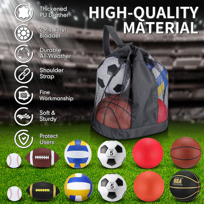 Ultimate 12-Piece Sports Ball Set with Bag & Pump - Perfect for Kids, Youth & Adults - Includes Basketball, Football, Volleyball, Soccer Ball, Baseball & More!